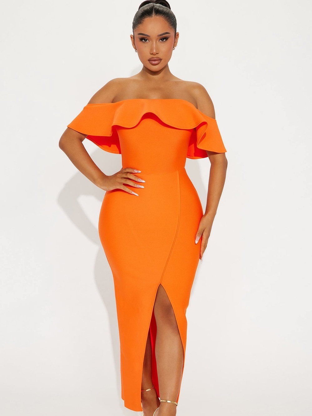 Fashion Nova Orange One-Shoulder Ruffle Midi Dress